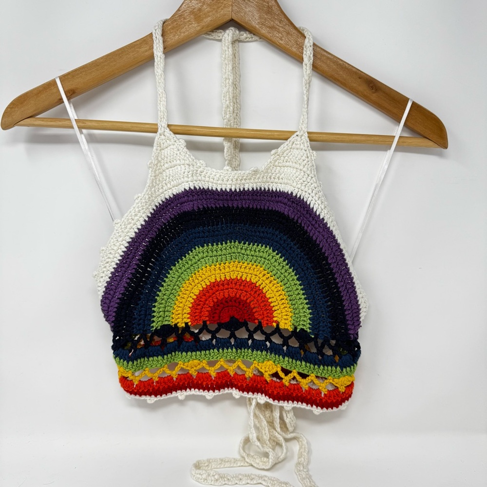 Stolen Hearts Crochet Rainbow Halter Bare Back Crop Top size s/m